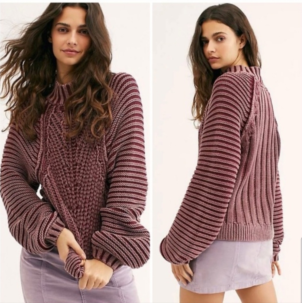 Free People Sweetheart Sweater  Pink Burgundy Cable Knit Sweater Womens XL